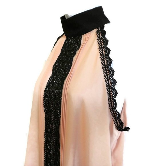 New York & Co Blouse Peach Pintucks Black Lace Panel Sleeveless Shell M - Picture 2 of 9